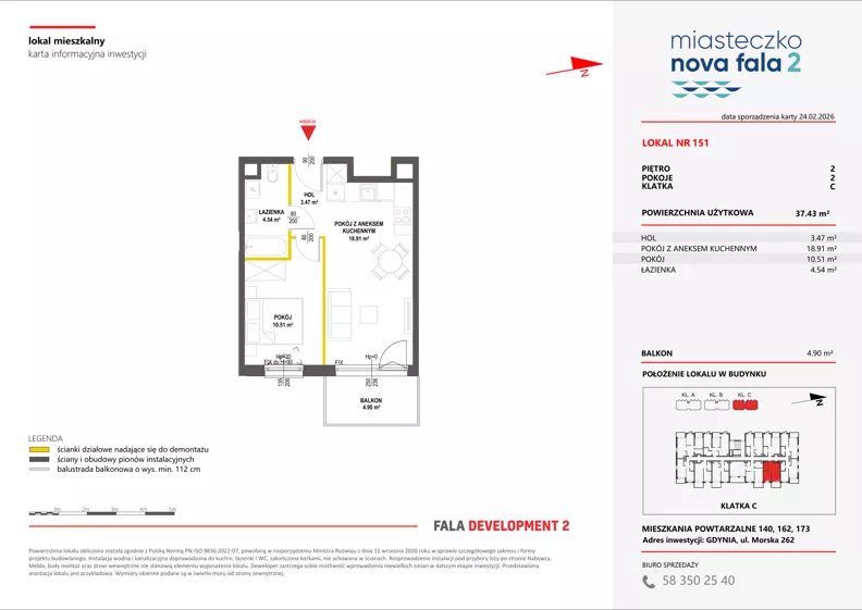 2 pokoje, mieszkanie 37,43 m², piętro 2, oferta nr II/151, Miasteczko Nova Fala 2, Gdynia, Cisowa, ul. Morska 254-262