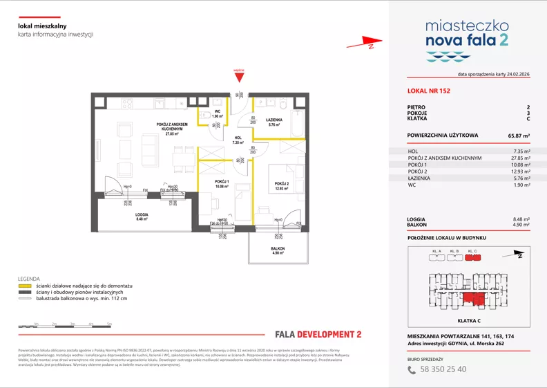 3 pokoje, mieszkanie 65,87 m², piętro 2, oferta nr II/152, Miasteczko Nova Fala 2, Gdynia, Cisowa, ul. Morska 254-262
