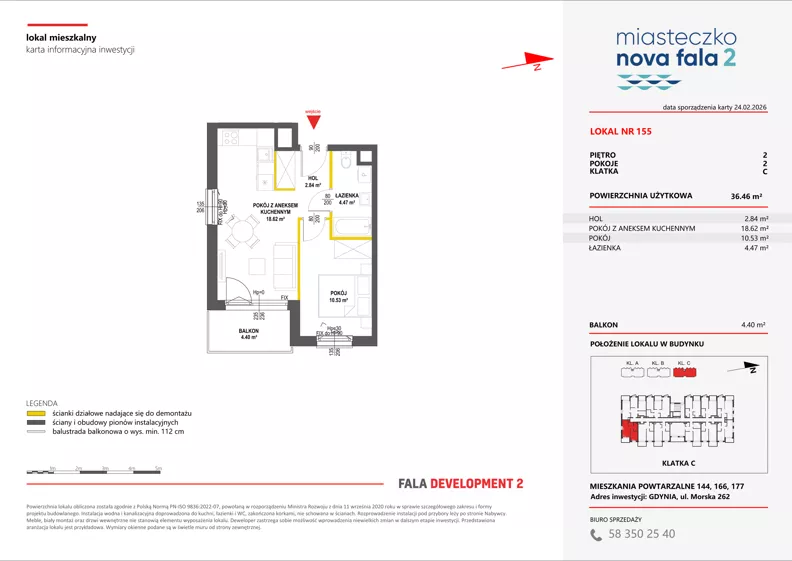 2 pokoje, mieszkanie 36,46 m², piętro 2, oferta nr II/155, Miasteczko Nova Fala 2, Gdynia, Cisowa, ul. Morska 254-262