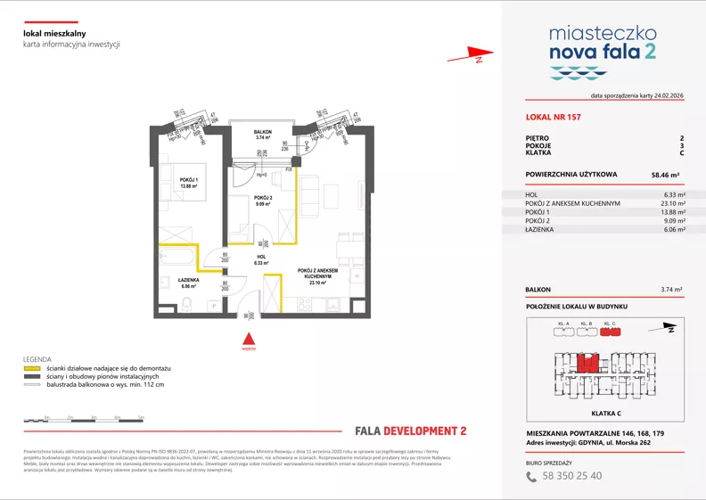 3 pokoje, mieszkanie 58,46 m², piętro 2, oferta nr II/157, Miasteczko Nova Fala 2, Gdynia, Cisowa, ul. Morska 254-262
