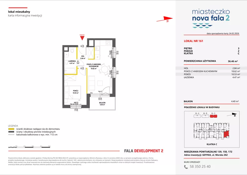2 pokoje, mieszkanie 36,46 m², piętro 3, oferta nr II/161, Miasteczko Nova Fala 2, Gdynia, Cisowa, ul. Morska 254-262