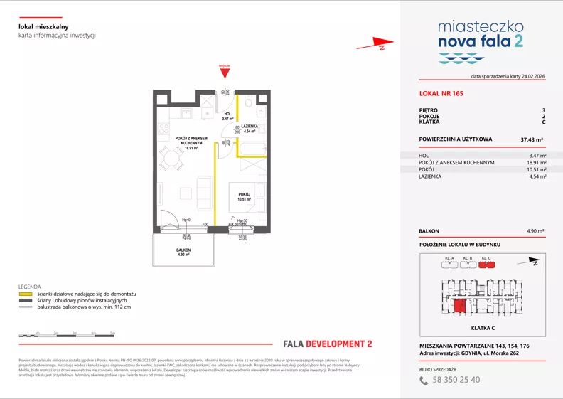 2 pokoje, mieszkanie 37,43 m², piętro 3, oferta nr II/165, Miasteczko Nova Fala 2, Gdynia, Cisowa, ul. Morska 254-262