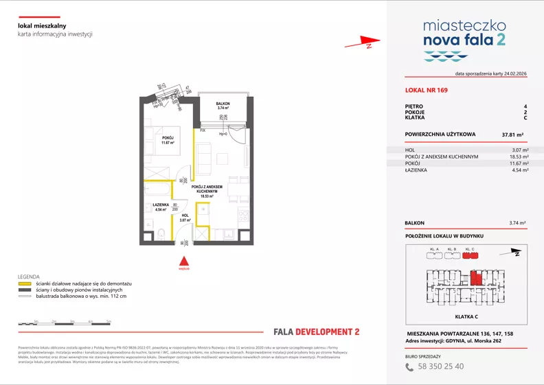 2 pokoje, mieszkanie 37,81 m², piętro 4, oferta nr II/169, Miasteczko Nova Fala 2, Gdynia, Cisowa, ul. Morska 254-262