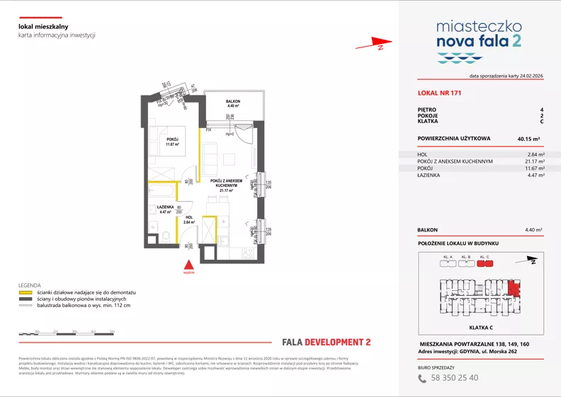 2 pokoje, mieszkanie 40,15 m², piętro 4, oferta nr II/171, Miasteczko Nova Fala 2, Gdynia, Cisowa, ul. Morska 254-262