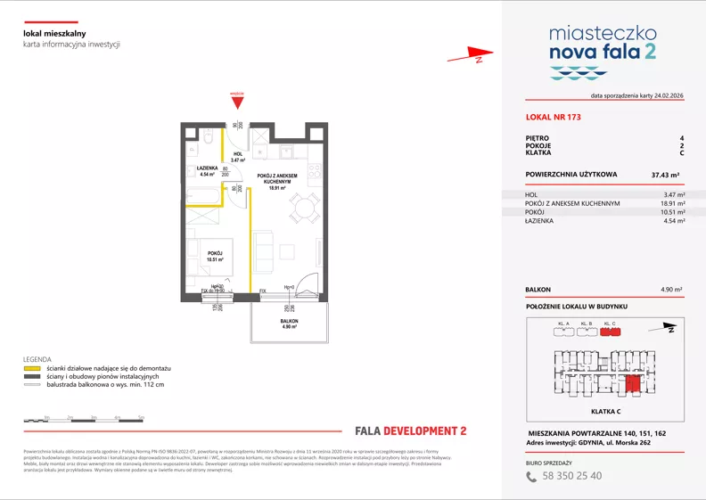 2 pokoje, mieszkanie 37,43 m², piętro 4, oferta nr II/173, Miasteczko Nova Fala 2, Gdynia, Cisowa, ul. Morska 254-262