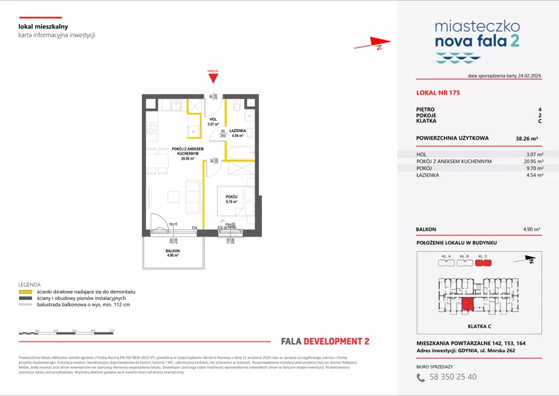 2 pokoje, mieszkanie 38,26 m², piętro 4, oferta nr II/175, Miasteczko Nova Fala 2, Gdynia, Cisowa, ul. Morska 254-262
