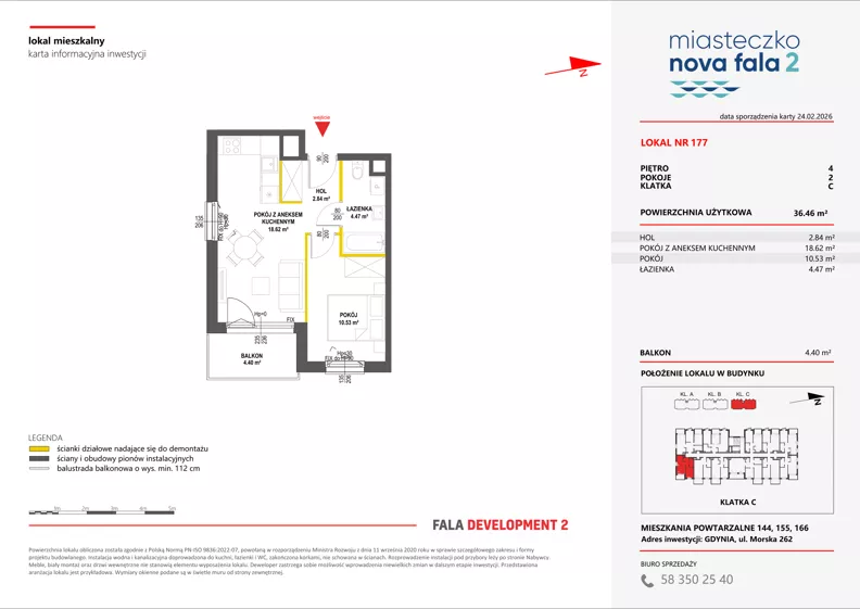 2 pokoje, mieszkanie 36,46 m², piętro 4, oferta nr II/177, Miasteczko Nova Fala 2, Gdynia, Cisowa, ul. Morska 254-262