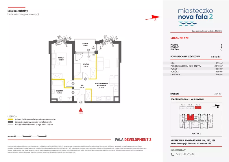 3 pokoje, mieszkanie 58,46 m², piętro 4, oferta nr II/179, Miasteczko Nova Fala 2, Gdynia, Cisowa, ul. Morska 254-262