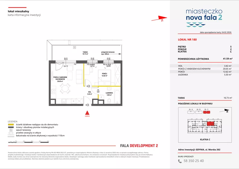 2 pokoje, mieszkanie 41,59 m², piętro 5, oferta nr II/180, Miasteczko Nova Fala 2, Gdynia, Cisowa, ul. Morska 254-262