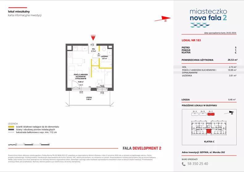1 pokój, mieszkanie 26,53 m², piętro 5, oferta nr II/183, Miasteczko Nova Fala 2, Gdynia, Cisowa, ul. Morska 254-262