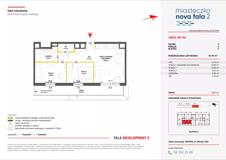 3 pokoje, mieszkanie 55,44 m², piętro 5, oferta nr II/184, Miasteczko Nova Fala 2, Gdynia, Cisowa, ul. Morska 254-262