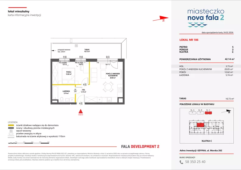 2 pokoje, mieszkanie 42,14 m², piętro 5, oferta nr II/186, Miasteczko Nova Fala 2, Gdynia, Cisowa, ul. Morska 254-262