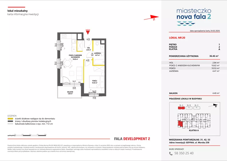2 pokoje, mieszkanie 36,46 m², piętro 1, oferta nr II/20, Miasteczko Nova Fala 2, Gdynia, Cisowa, ul. Morska 254-262