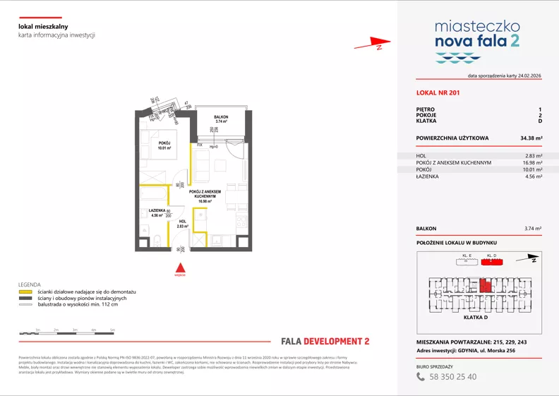 2 pokoje, mieszkanie 34,38 m², piętro 1, oferta nr II/201, Miasteczko Nova Fala 2, Gdynia, Cisowa, ul. Morska 254-262