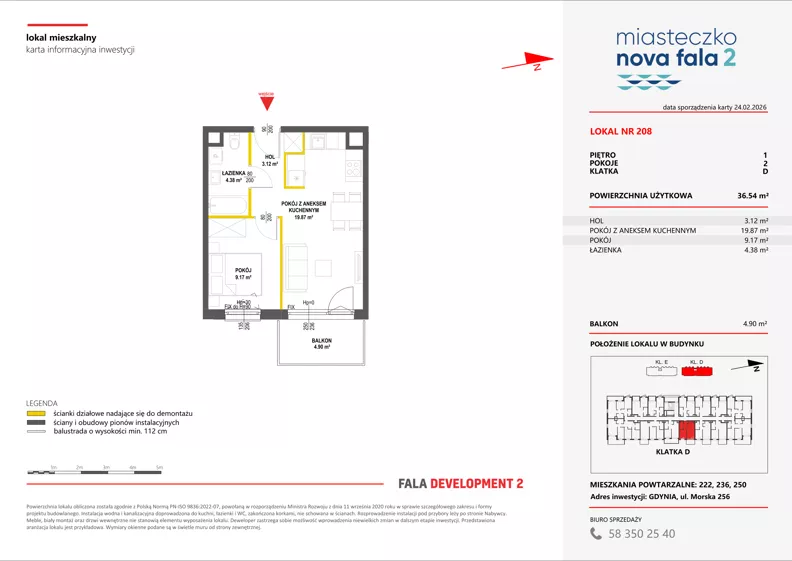 2 pokoje, mieszkanie 36,54 m², piętro 1, oferta nr II/208, Miasteczko Nova Fala 2, Gdynia, Cisowa, ul. Morska 254-262