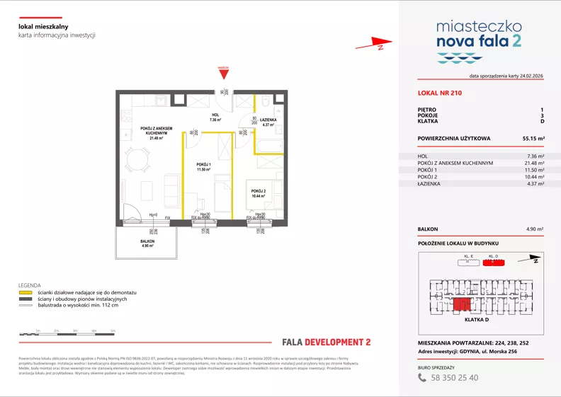 3 pokoje, mieszkanie 55,15 m², piętro 1, oferta nr II/210, Miasteczko Nova Fala 2, Gdynia, Cisowa, ul. Morska 254-262