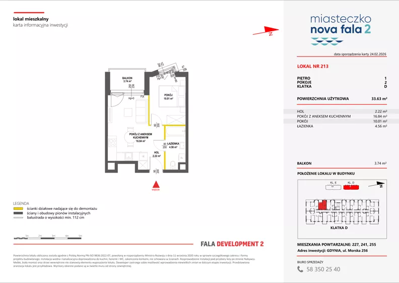 2 pokoje, mieszkanie 33,63 m², piętro 1, oferta nr II/213, Miasteczko Nova Fala 2, Gdynia, Cisowa, ul. Morska 254-262
