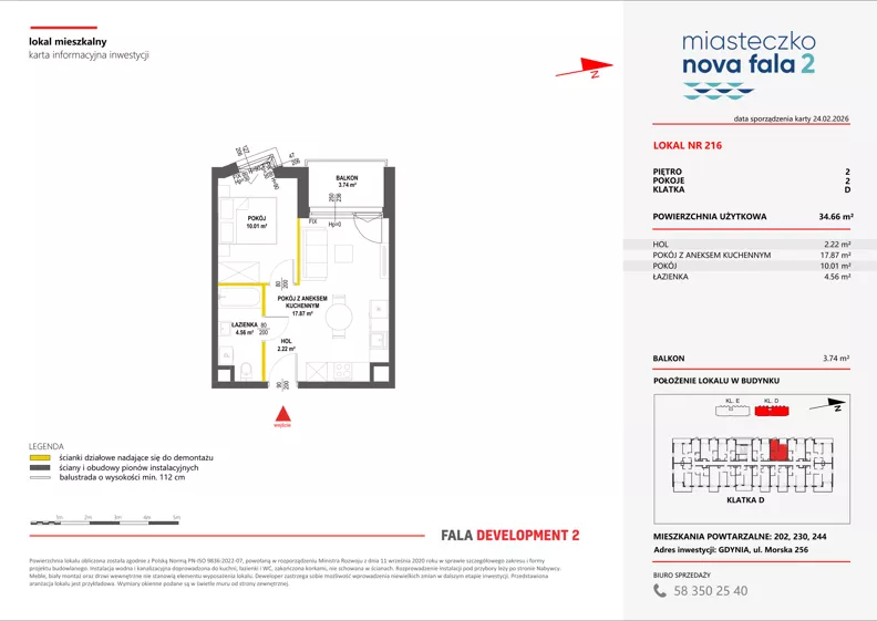 2 pokoje, mieszkanie 34,66 m², piętro 2, oferta nr II/216, Miasteczko Nova Fala 2, Gdynia, Cisowa, ul. Morska 254-262