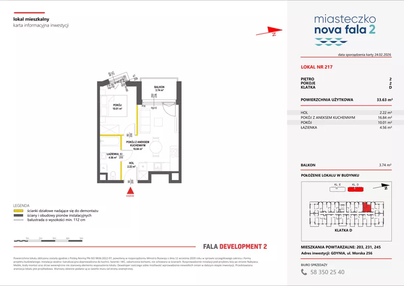 2 pokoje, mieszkanie 33,63 m², piętro 2, oferta nr II/217, Miasteczko Nova Fala 2, Gdynia, Cisowa, ul. Morska 254-262
