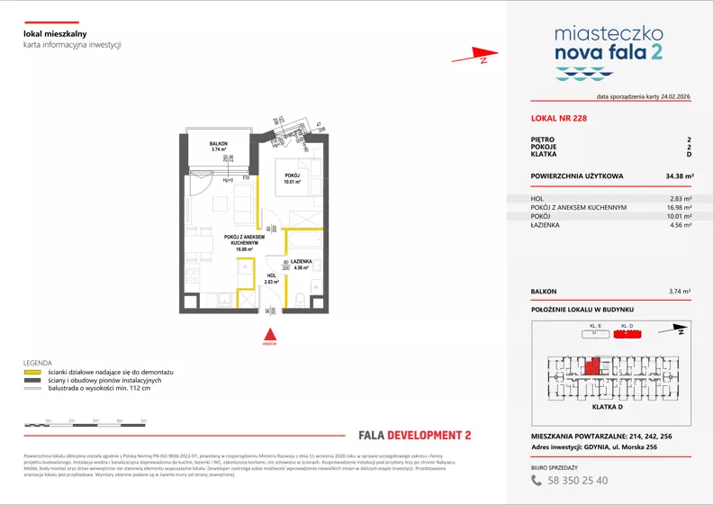 2 pokoje, mieszkanie 34,38 m², piętro 2, oferta nr II/228, Miasteczko Nova Fala 2, Gdynia, Cisowa, ul. Morska 254-262