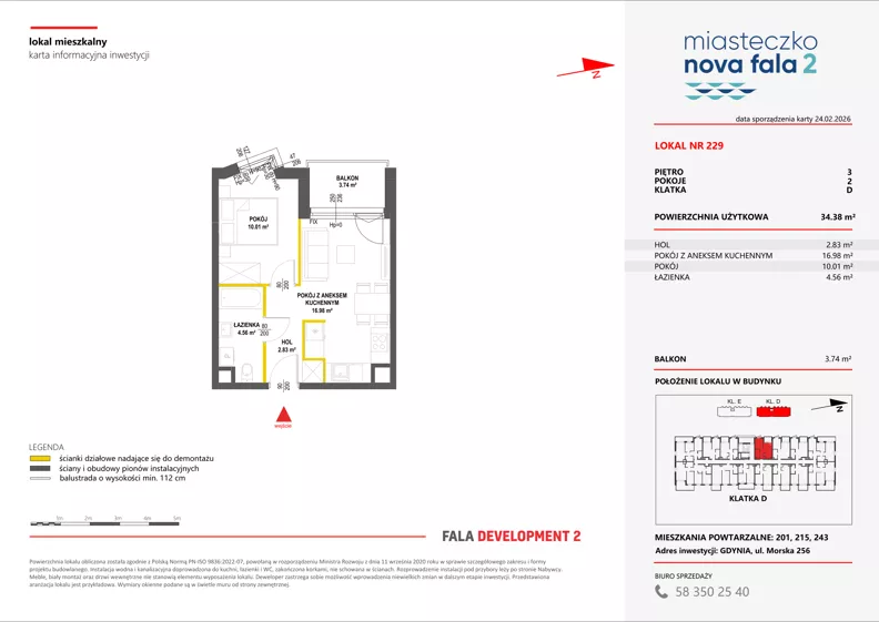 2 pokoje, mieszkanie 34,38 m², piętro 3, oferta nr II/229, Miasteczko Nova Fala 2, Gdynia, Cisowa, ul. Morska 254-262