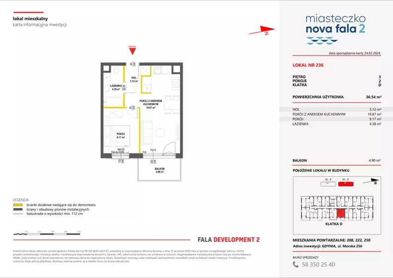 2 pokoje, mieszkanie 36,54 m², piętro 3, oferta nr II/236, Miasteczko Nova Fala 2, Gdynia, Cisowa, ul. Morska 254-262