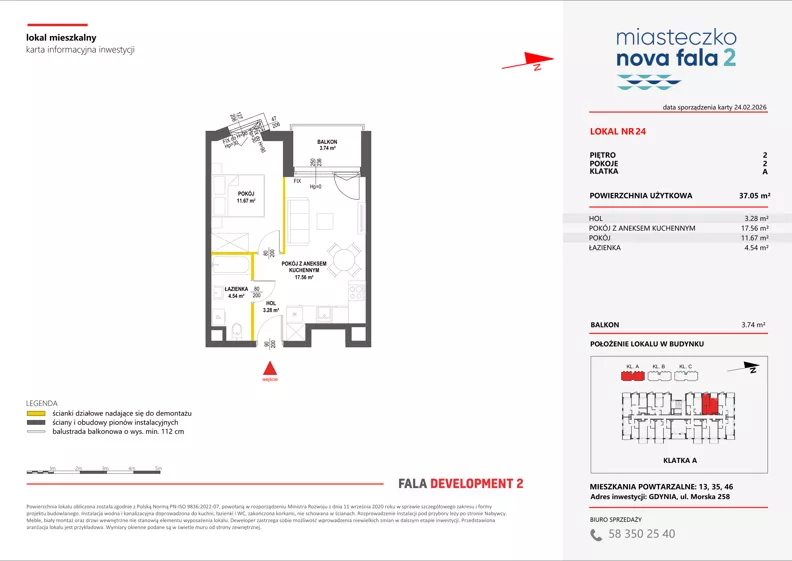 2 pokoje, mieszkanie 37,05 m², piętro 2, oferta nr II/24, Miasteczko Nova Fala 2, Gdynia, Cisowa, ul. Morska 254-262