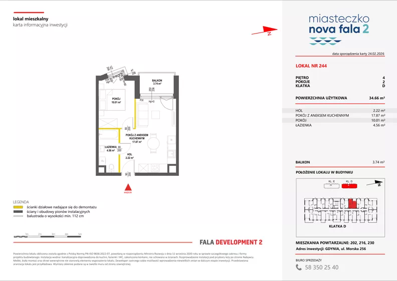 2 pokoje, mieszkanie 34,66 m², piętro 4, oferta nr II/244, Miasteczko Nova Fala 2, Gdynia, Cisowa, ul. Morska 254-262