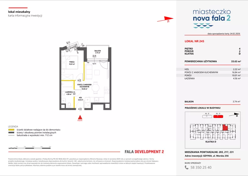 2 pokoje, mieszkanie 33,63 m², piętro 4, oferta nr II/245, Miasteczko Nova Fala 2, Gdynia, Cisowa, ul. Morska 254-262
