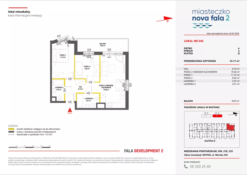3 pokoje, mieszkanie 55,17 m², piętro 4, oferta nr II/246, Miasteczko Nova Fala 2, Gdynia, Cisowa, ul. Morska 254-262