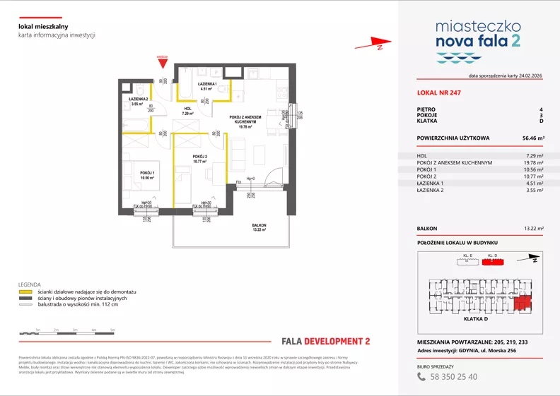 3 pokoje, mieszkanie 56,46 m², piętro 4, oferta nr II/247, Miasteczko Nova Fala 2, Gdynia, Cisowa, ul. Morska 254-262