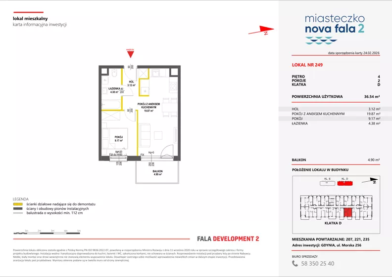 2 pokoje, mieszkanie 36,54 m², piętro 4, oferta nr II/249, Miasteczko Nova Fala 2, Gdynia, Cisowa, ul. Morska 254-262