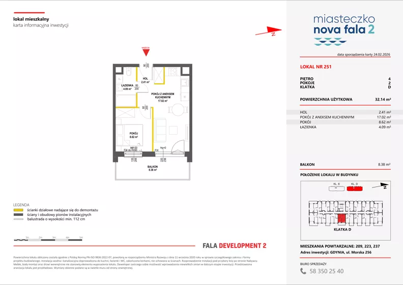 2 pokoje, mieszkanie 32,14 m², piętro 4, oferta nr II/251, Miasteczko Nova Fala 2, Gdynia, Cisowa, ul. Morska 254-262