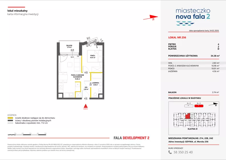 2 pokoje, mieszkanie 34,38 m², piętro 4, oferta nr II/256, Miasteczko Nova Fala 2, Gdynia, Cisowa, ul. Morska 254-262
