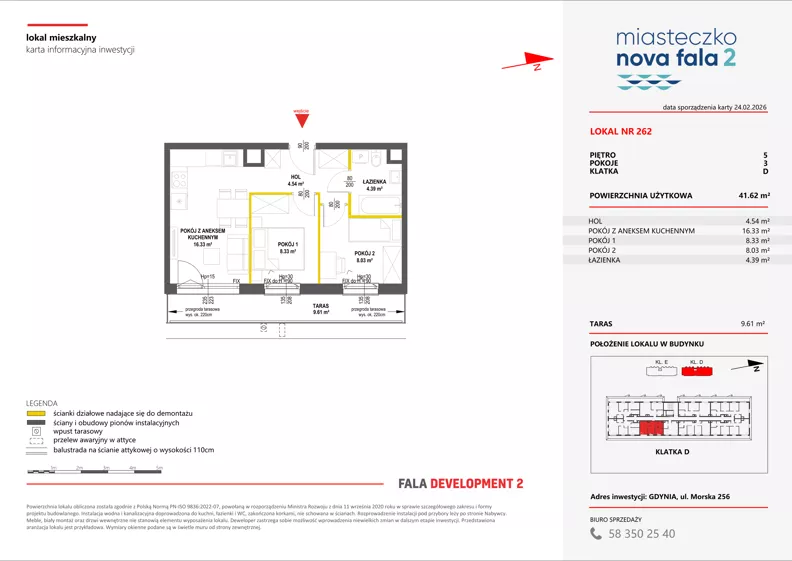 3 pokoje, mieszkanie 41,62 m², piętro 5, oferta nr II/262, Miasteczko Nova Fala 2, Gdynia, Cisowa, ul. Morska 254-262