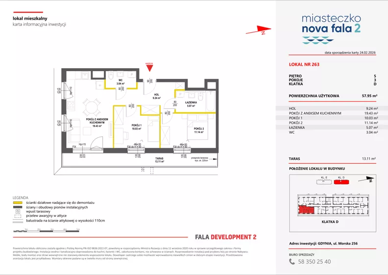 3 pokoje, mieszkanie 57,95 m², piętro 5, oferta nr II/263, Miasteczko Nova Fala 2, Gdynia, Cisowa, ul. Morska 254-262