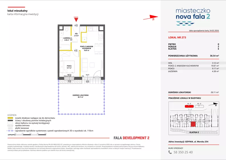 2 pokoje, mieszkanie 36,54 m², parter, oferta nr II/273, Miasteczko Nova Fala 2, Gdynia, Cisowa, ul. Morska 254-262