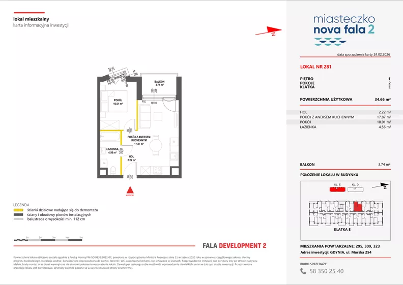 2 pokoje, mieszkanie 34,66 m², piętro 1, oferta nr II/281, Miasteczko Nova Fala 2, Gdynia, Cisowa, ul. Morska 254-262