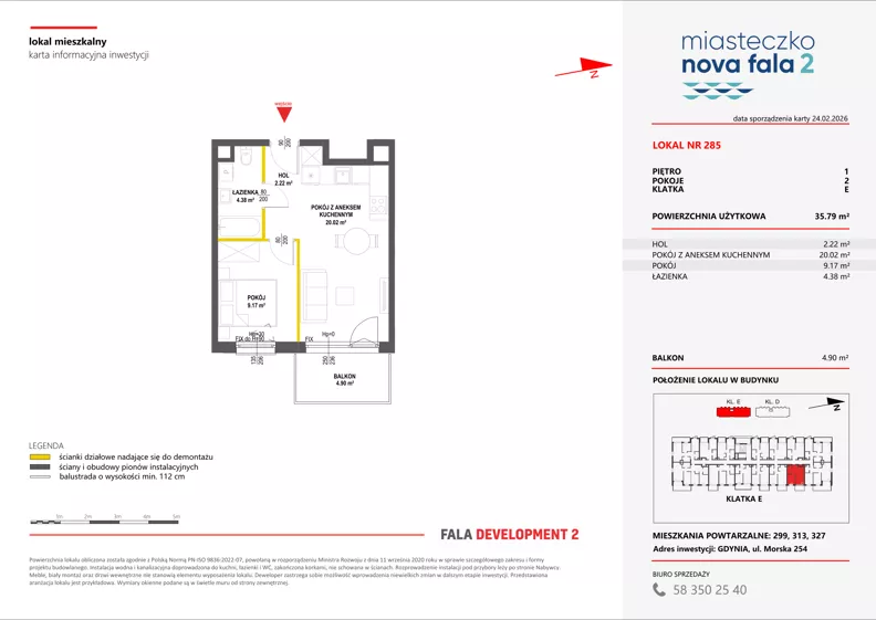 2 pokoje, mieszkanie 35,79 m², piętro 1, oferta nr II/285, Miasteczko Nova Fala 2, Gdynia, Cisowa, ul. Morska 254-262