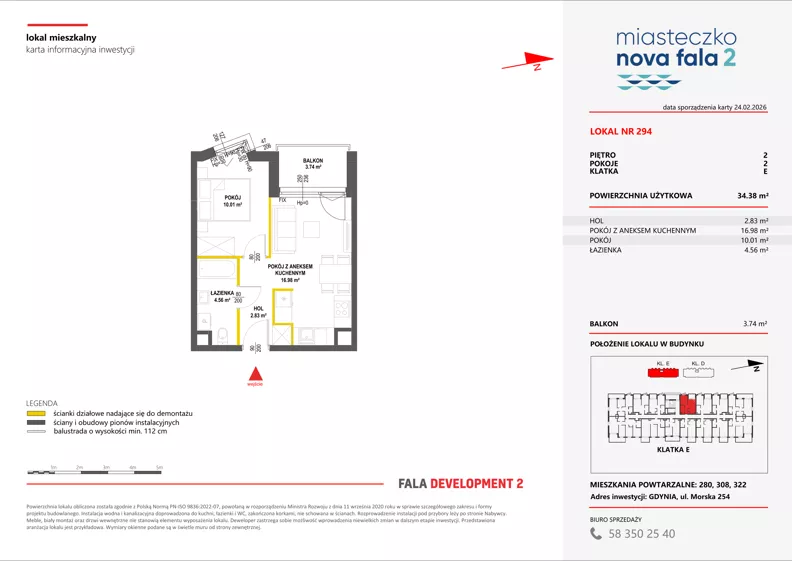 2 pokoje, mieszkanie 34,38 m², piętro 2, oferta nr II/294, Miasteczko Nova Fala 2, Gdynia, Cisowa, ul. Morska 254-262