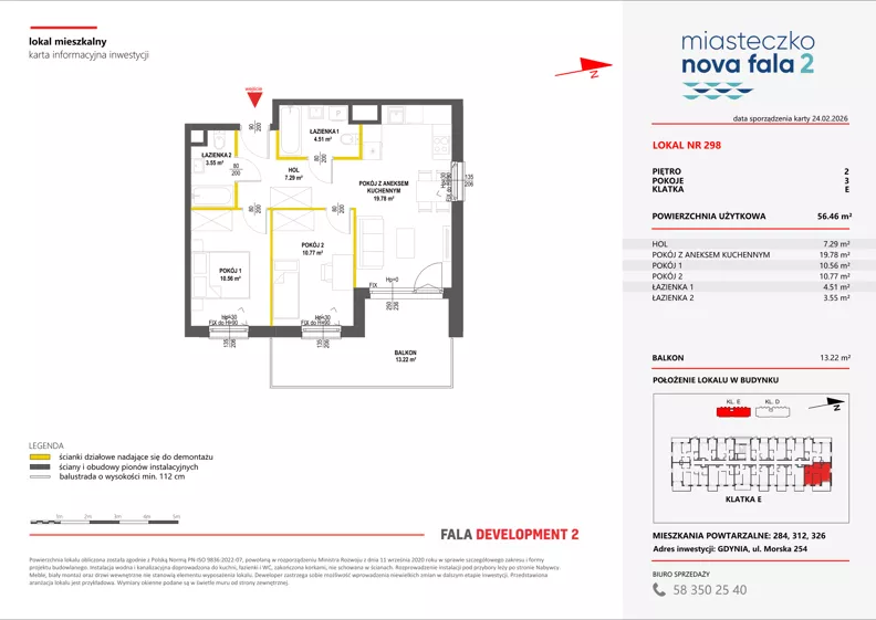 3 pokoje, mieszkanie 56,46 m², piętro 2, oferta nr II/298, Miasteczko Nova Fala 2, Gdynia, Cisowa, ul. Morska 254-262