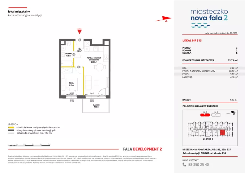 2 pokoje, mieszkanie 35,79 m², piętro 3, oferta nr II/313, Miasteczko Nova Fala 2, Gdynia, Cisowa, ul. Morska 254-262