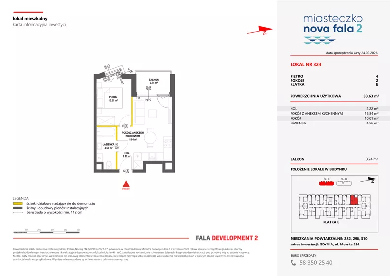 2 pokoje, mieszkanie 33,63 m², piętro 4, oferta nr II/324, Miasteczko Nova Fala 2, Gdynia, Cisowa, ul. Morska 254-262
