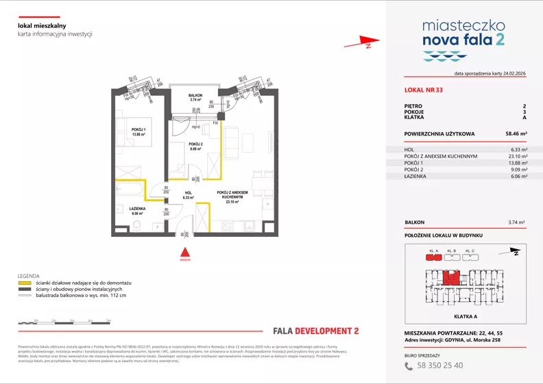 3 pokoje, mieszkanie 58,46 m², piętro 2, oferta nr II/33, Miasteczko Nova Fala 2, Gdynia, Cisowa, ul. Morska 254-262