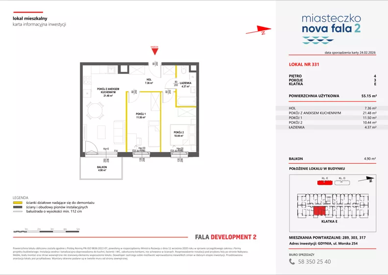 3 pokoje, mieszkanie 55,15 m², piętro 4, oferta nr II/331, Miasteczko Nova Fala 2, Gdynia, Cisowa, ul. Morska 254-262