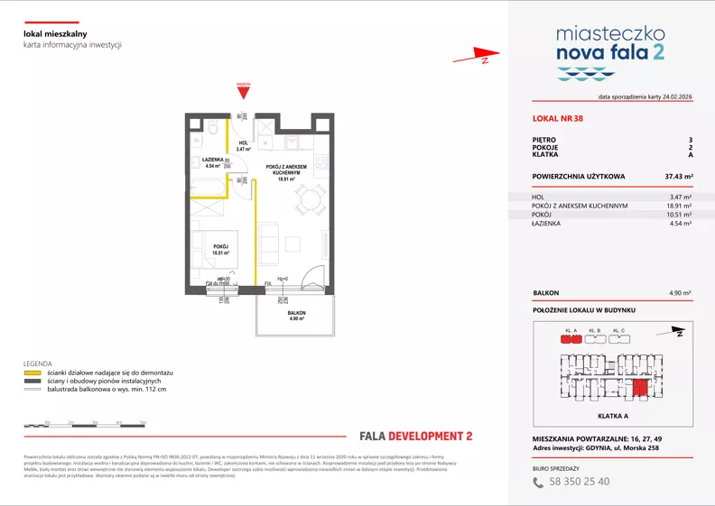 2 pokoje, mieszkanie 37,43 m², piętro 3, oferta nr II/38, Miasteczko Nova Fala 2, Gdynia, Cisowa, ul. Morska 254-262