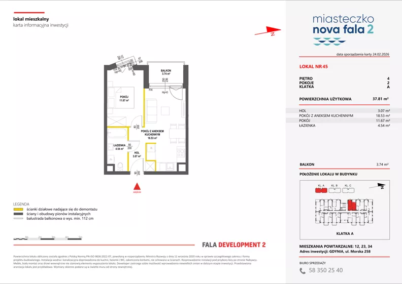 2 pokoje, mieszkanie 37,81 m², piętro 4, oferta nr II/45, Miasteczko Nova Fala 2, Gdynia, Cisowa, ul. Morska 254-262