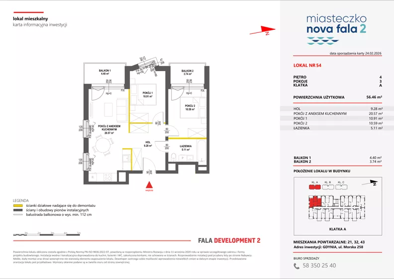 3 pokoje, mieszkanie 56,46 m², piętro 4, oferta nr II/54, Miasteczko Nova Fala 2, Gdynia, Cisowa, ul. Morska 254-262