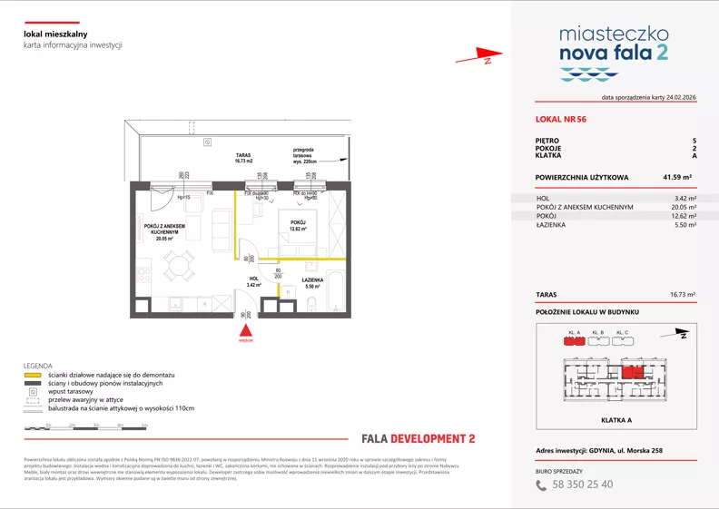 2 pokoje, mieszkanie 41,59 m², piętro 5, oferta nr II/56, Miasteczko Nova Fala 2, Gdynia, Cisowa, ul. Morska 254-262