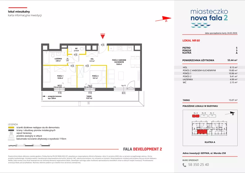 3 pokoje, mieszkanie 55,44 m², piętro 5, oferta nr II/60, Miasteczko Nova Fala 2, Gdynia, Cisowa, ul. Morska 254-262